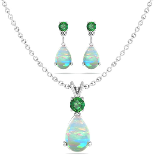 Jewelry Set for Women, Natural Pear Shaped 7X5Mm Emerald and 3Mm Natural White Topaz Pendant Necklace and Matching Pear Shaped Emerald and White Topaz Stud Earrings