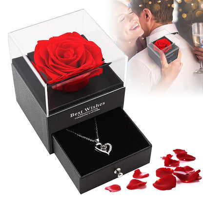 Rosa Roja Real Preservada Con Collar "I Love You" En 100 Idiomas - Regalos De Rosas Eternas Para Mamá Esposa Novia Ella En Navidad Día De San Valentín Día De Las Madres Aniversario Cumpleaños Regalos Para Mujer