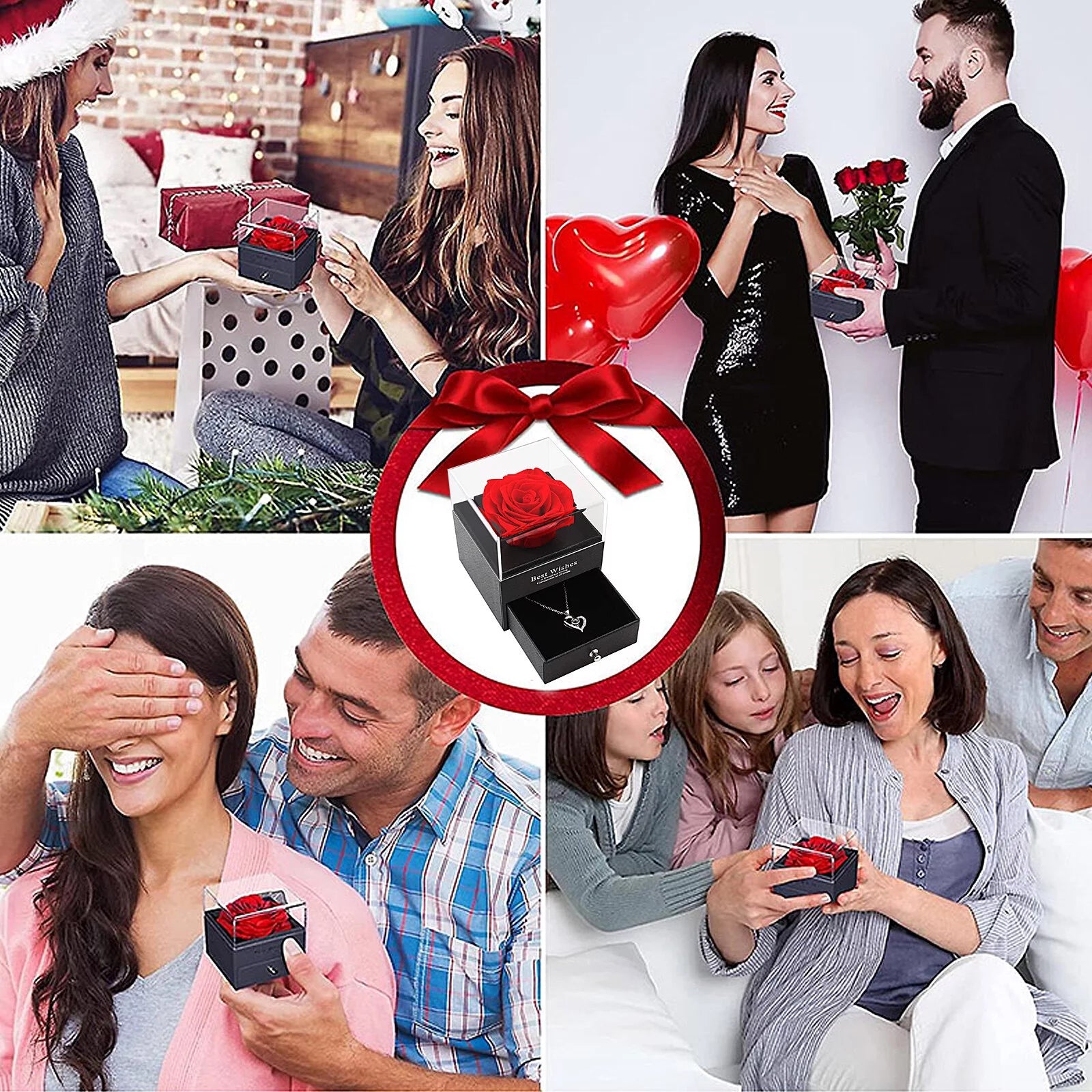 Rosa Roja Real Preservada Con Collar "I Love You" En 100 Idiomas - Regalos De Rosas Eternas Para Mamá Esposa Novia Ella En Navidad Día De San Valentín Día De Las Madres Aniversario Cumpleaños Regalos Para Mujer